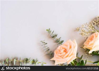 fresh rose flowers. Rose flowers with green leaves on blue table from above with copy space
