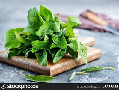 fresh sage on wooden board and on a table