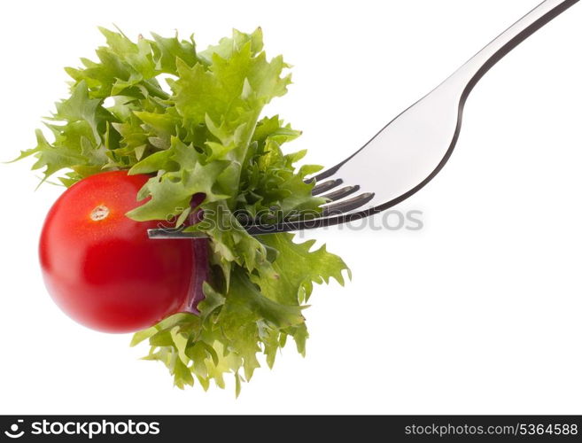 Fresh salad and cherry tomato on fork isolated on white background cutout. Healthy eating concept.