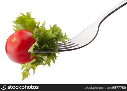 Fresh salad and cherry tomato on fork isolated on white background cutout. Healthy eating concept.