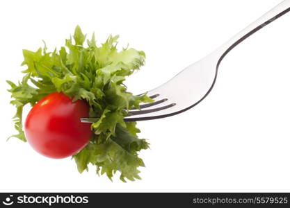 Fresh salad and cherry tomato on fork isolated on white background cutout. Healthy eating concept.