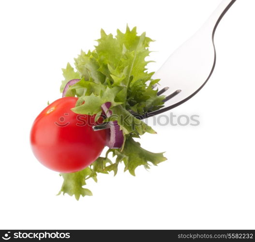 Fresh salad and cherry tomato on fork isolated on white background cutout. Healthy eating concept.