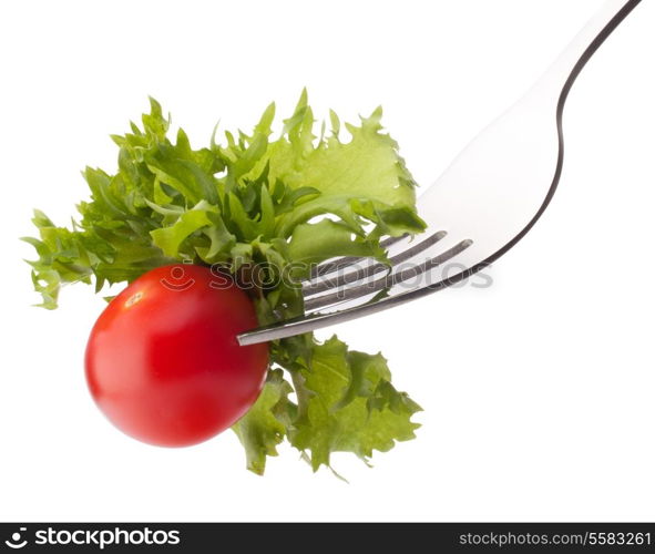 Fresh salad and cherry tomato on fork isolated on white background cutout. Healthy eating concept.