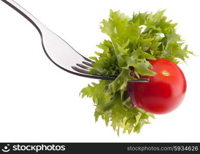 Fresh salad and cherry tomato on fork isolated on white background cutout. Healthy eating concept.