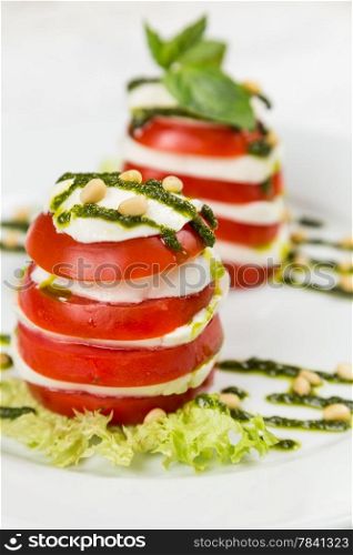fresh salad caprese in vertical on white plate