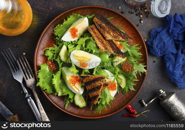 fresh salad, diet food, salad with salmon caviar