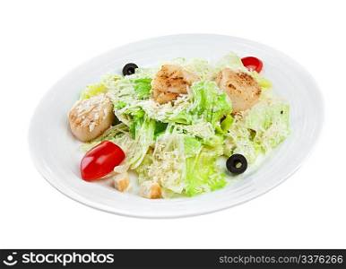 Fresh salad from vegetables and meat on the white