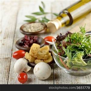 Fresh Salad Ingredients On A Rustic Wood