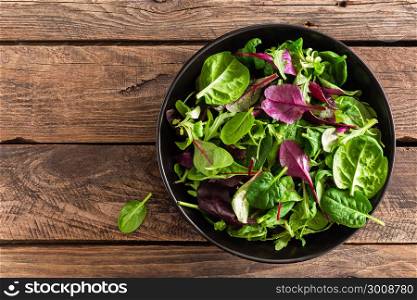 Fresh salad mix of baby spinach, arugula leaves, basil and chard. Italian cuisine