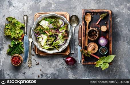 Fresh salad plate with mixed greens.Rhubarb salad.Vegetarian spring salad. Spring vegetable salad