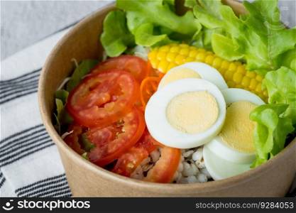 Fresh salad vegetable with boiled chicken egg for the concept of healthy eating and diet food.