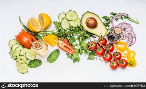 Fresh salad vegetables flat lay on white background, top view. Healthy eating and organic food concept
