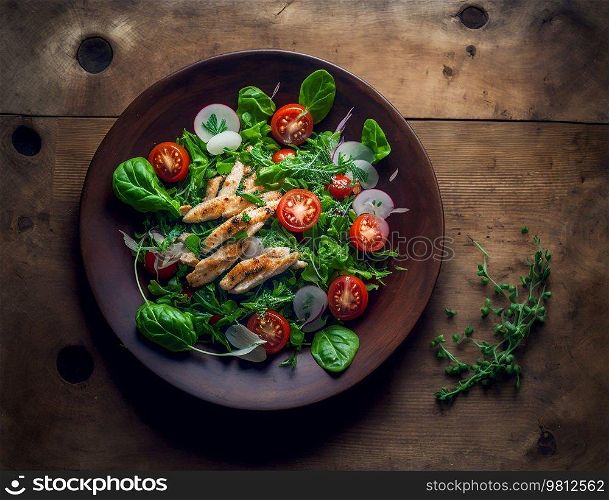 Fresh salad with chicken, tomatoes and mixed greens. Illustration Generative AI