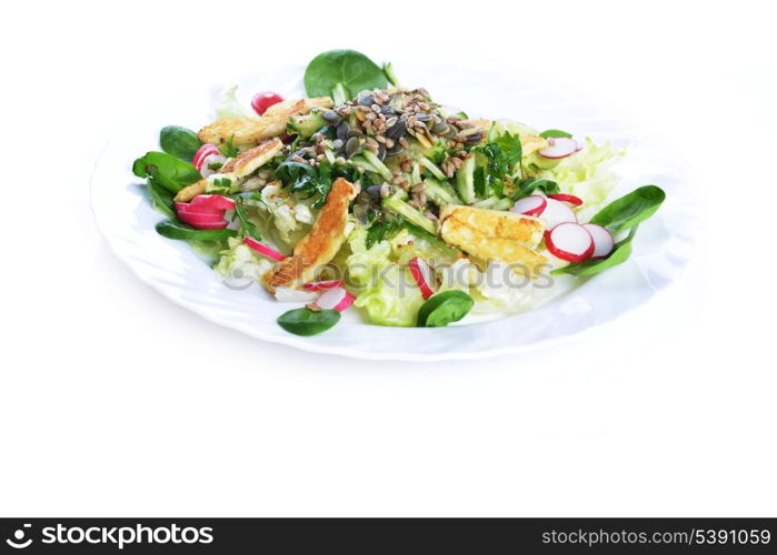 Fresh salad with greens, radishes and fried cheese on dish