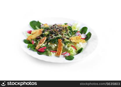 Fresh salad with greens, radishes and fried cheese on dish