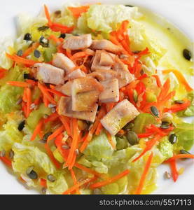 Fresh salad with lettuce, carrot and meat on dish