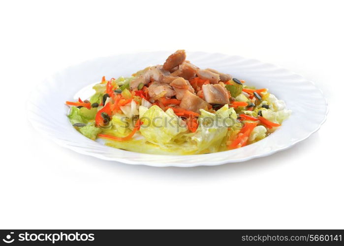 Fresh salad with lettuce, carrot and meat on dish