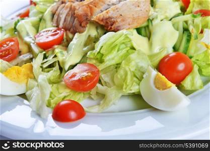 Fresh salad with lettuce, cherry tomato and meat on dish