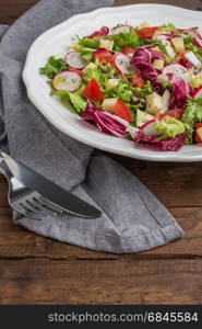 Fresh salad with mixed greens, radish, cheese and tomato in a plate on wooden background. Italian Mediterranean or Greek cuisine. Vegetarian vegan food