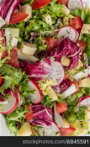 Fresh salad with mixed greens, radish, cheese and tomato. Italian Mediterranean or Greek cuisine. Vegetarian vegan food. Top view