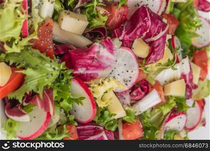 Fresh salad with mixed greens, radish, cheese and tomato. Italian Mediterranean or Greek cuisine. Vegetarian vegan food. Top view