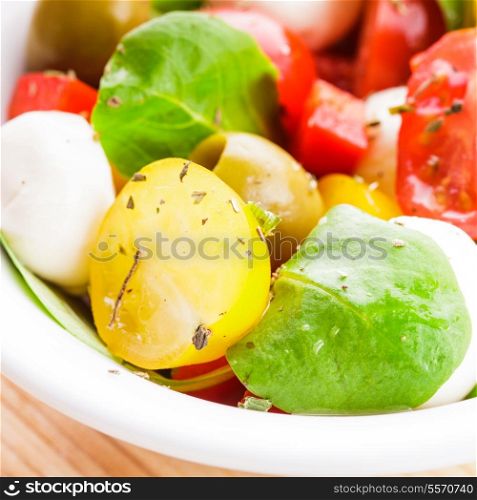 Fresh salad with tomatoes, olives and mozzarella with spices