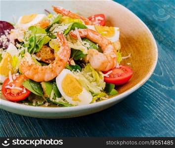 Fresh salad with vegetables and seafood
