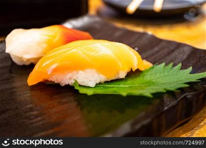 Fresh salmon and surf calm sushi set, Japanese food.