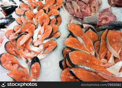 Fresh salmon , fish market. Fresh red fish on ice