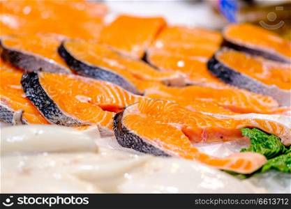 Fresh salmon on cooled market display