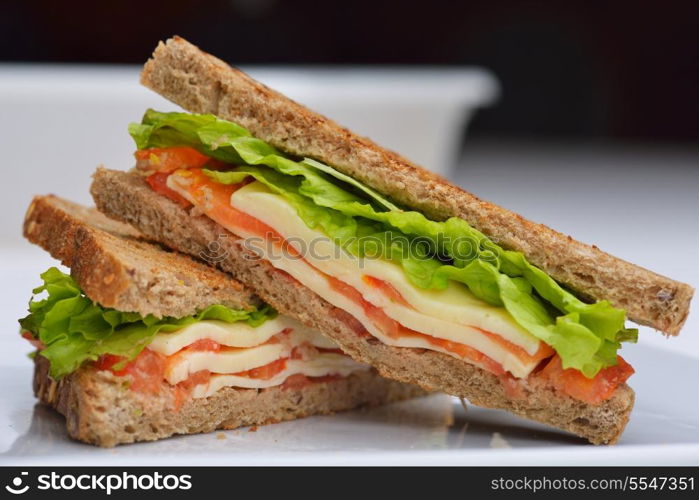 fresh sandwich close up with vegetables and meat fish isolated on white background