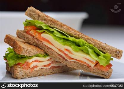 fresh sandwich close up with vegetables and meat fish isolated on white background