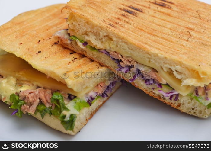 fresh sandwich close up with vegetables and meat fish isolated on white background