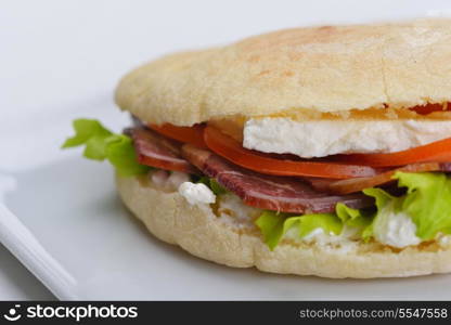 fresh sandwich close up with vegetables and meat fish isolated on white background