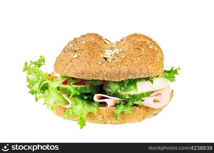 Fresh sandwich with ham and vegetables over white background