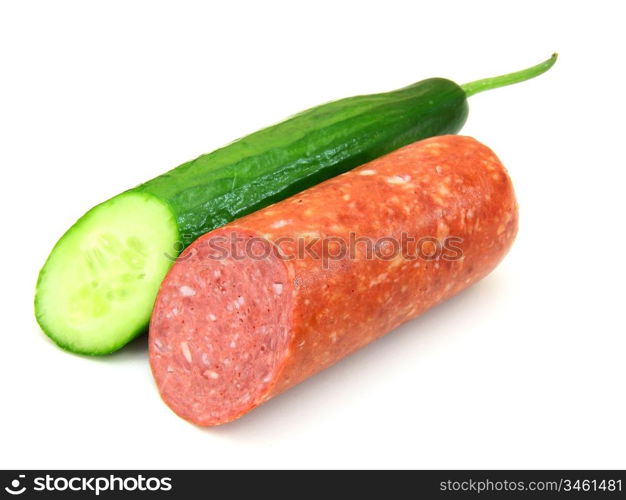 Fresh sausage and cucumber lie nearby on a white background