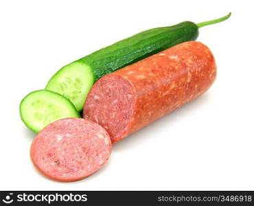 Fresh sausage and cucumber lie nearby on a white background