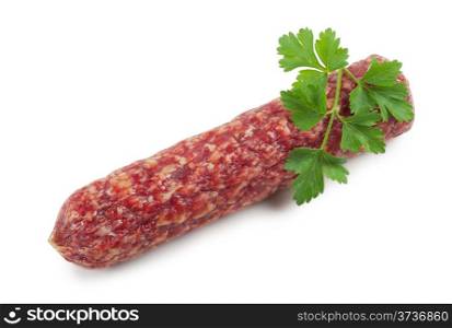 Fresh sausage with parsley isolated on white background