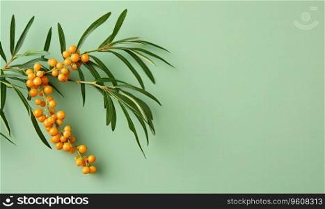 Fresh sea buckthorn berries on a sprig on a pastel backdrop. Created with generative AI tools. Fresh sea buckthorn berries on a sprig. Created by AI