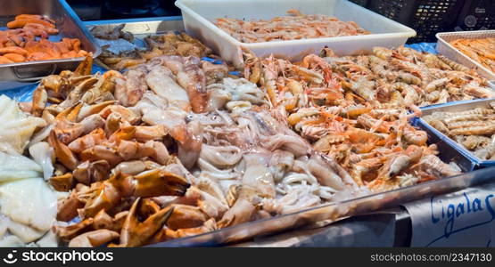 Fresh Seafood at Central Food Market, Chiclana de la Frontera, Cadiz, Andalucia, Spain, Europe