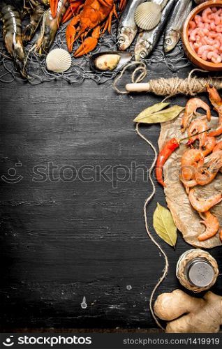 Fresh seafood. Sea food with spices and herbs. On a black chalkboard.. Fresh seafood. Sea food with spices and herbs.
