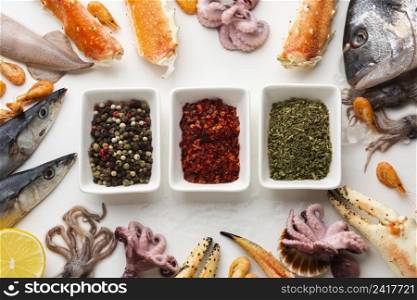 fresh seafood with condiments table