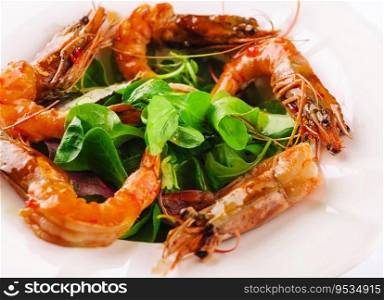 Fresh shrimp salad close-up on plate