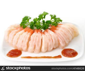 Fresh Shrimps On A White Dish , Close Up