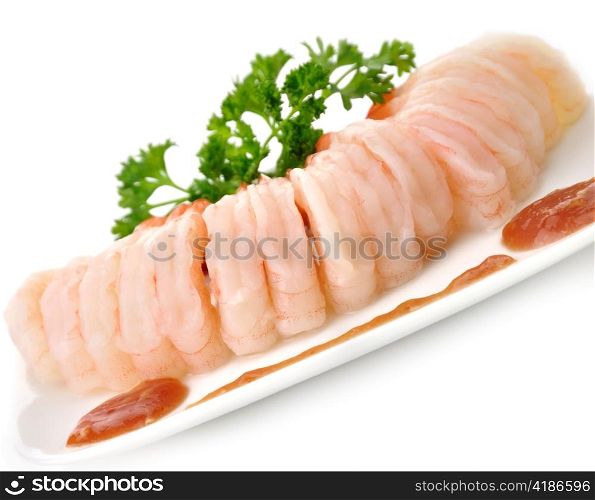 Fresh Shrimps On A White Dish , Close Up