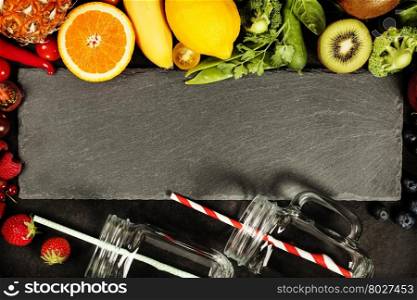 Fresh smoothies and ingredients on rustic background