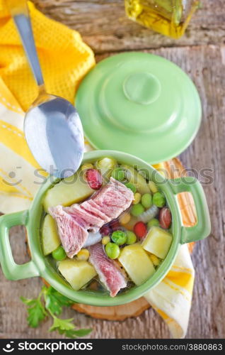 fresh soup in the bowl and on a table