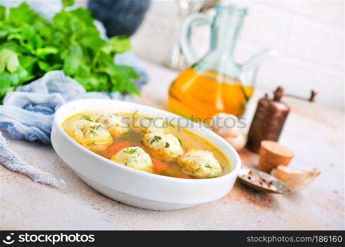 fresh soup with meatballs in bowl, diet food