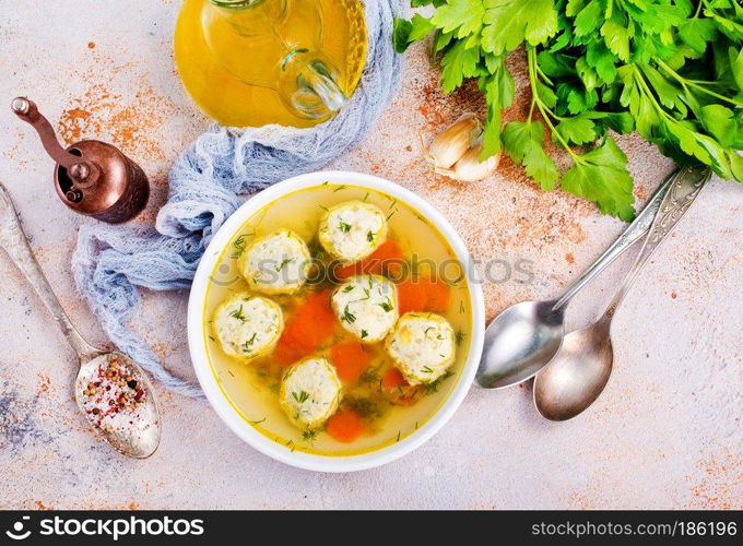 fresh soup with meatballs in bowl, diet food