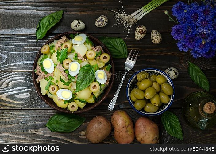Fresh Spanish potato salad with tuna, still life